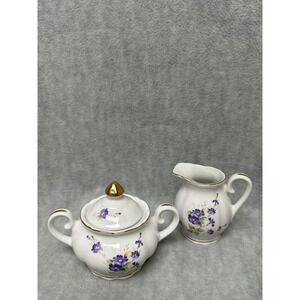Vintage Lefton China Sugar Bowl Creamer Set Purple Floral Gold Trim 1984